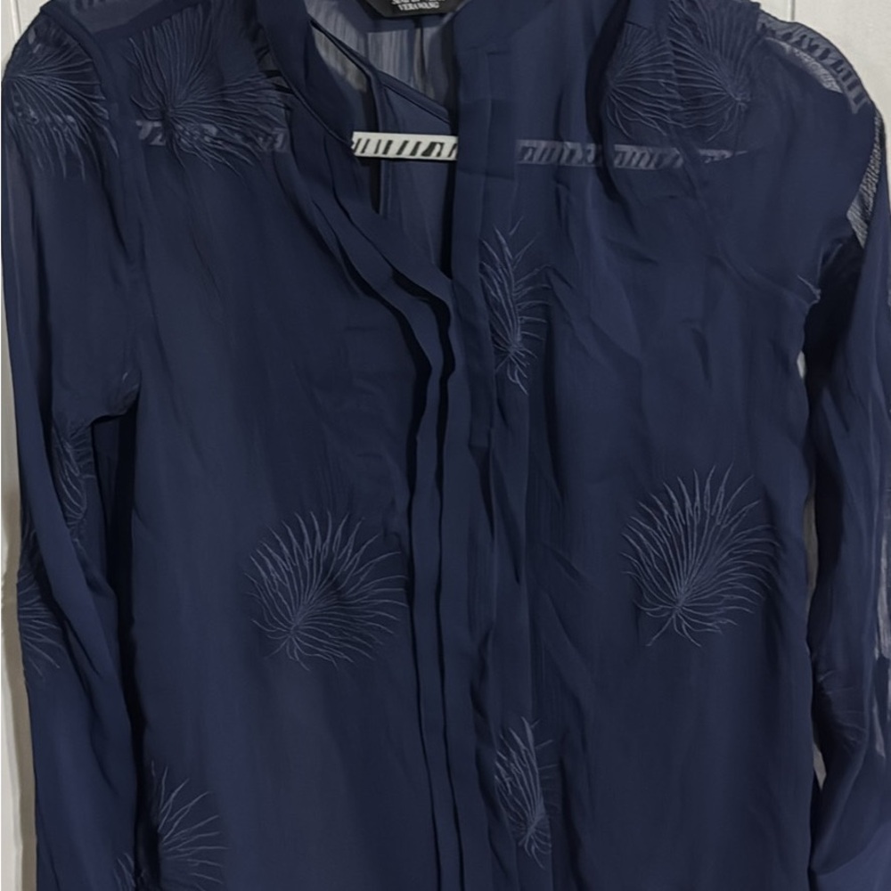 Navy Sheer Blouse with Embroidered Design